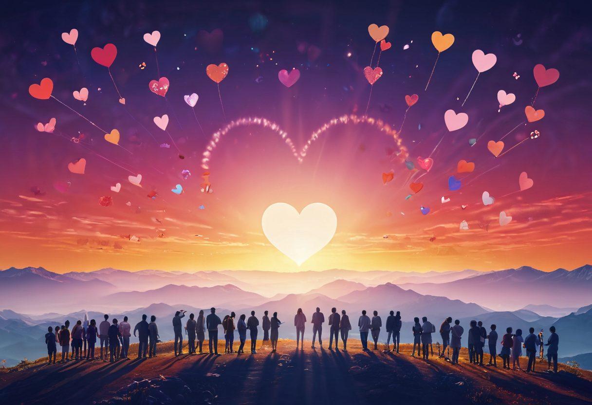 A warm and inviting digital landscape showcasing a diverse group of individuals connecting through their devices, surrounded by hearts and symbols of love in a virtual space. Include elements representing different cultures within the BSD community, like flags or emblems intertwined with circuitry. The background should depict a soft, glowing horizon that symbolizes hope and connection. super-realistic. vibrant colors. 3D.