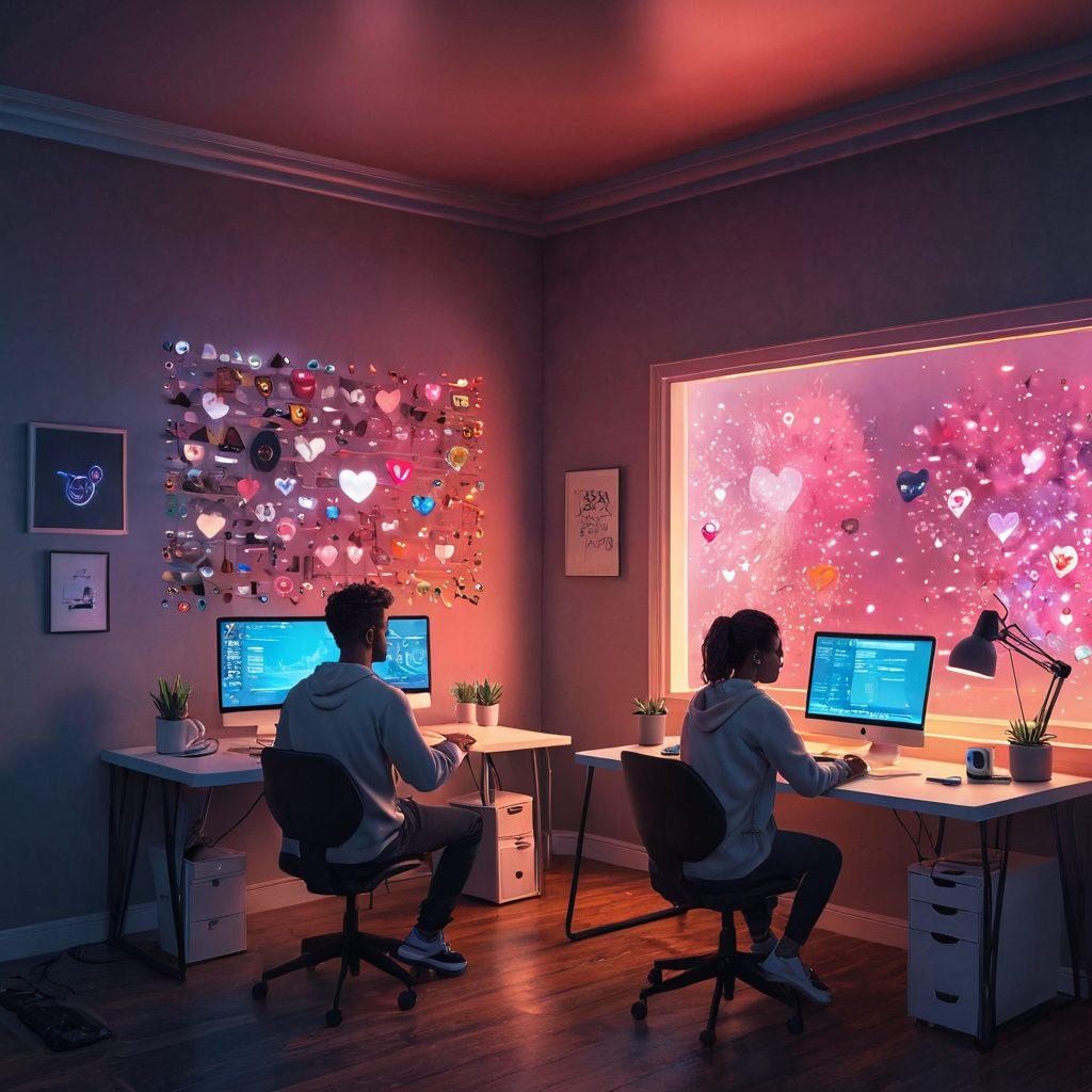 A digital scene depicting two individuals connecting through their computer screens, surrounded by floating hearts and emojis representing online interactions. One person is in a cozy, warmly lit room while the other is in a modern, sleek workspace, symbolizing diverse environments of online relationships. The backdrop blends elements of technology and emotion, like circuit patterns merging into a soft, dreamy sky. The overall atmosphere should evoke a sense of intimacy and connection despite physical distance. vibrant colors. cyberpunk. digital art.