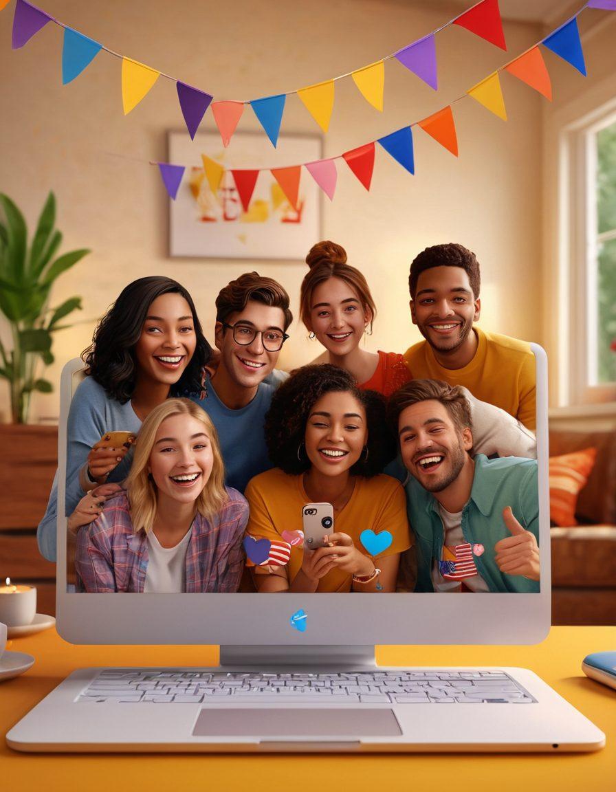 A heartwarming virtual scene showcasing a diverse group of individuals engaging in an online dating video call, with cozy home backgrounds, warm lighting, and playful emojis floating around. Incorporate elements representing the BSD community, like colorful flags and symbols, creating a sense of belonging. Capture moments of laughter and connection, with a vibrant, inviting atmosphere. super-realistic. vibrant colors. 3D.